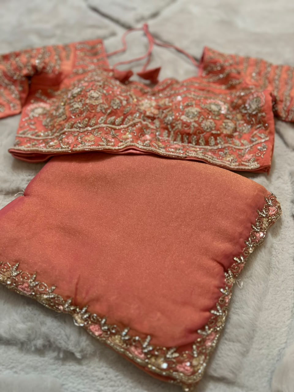 Beautiful Peach Color Fendy Tissue Saree with Stitched Blouse (Free Size Till 40)