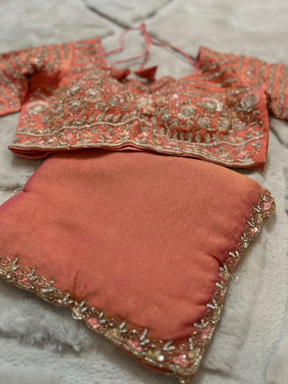 Beautiful Peach Color Fendy Tissue Saree with Stitched Blouse (Free Size Till 40)