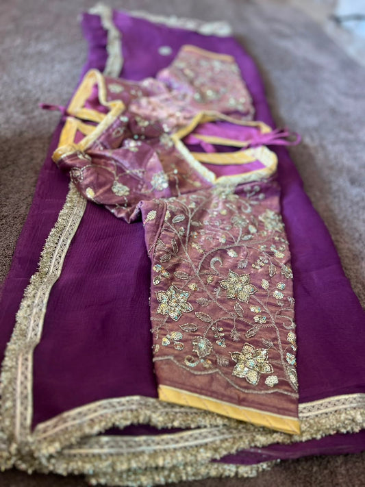Beautiful Wine-Purple Color Chiffon Saree with Kanchli Blouse
