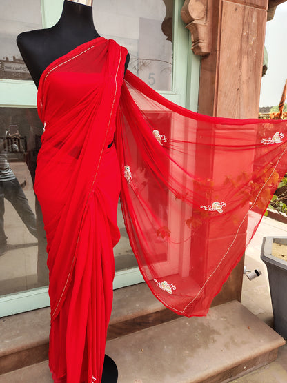 Red Color Chiffon Saree with Pearl Bird Work