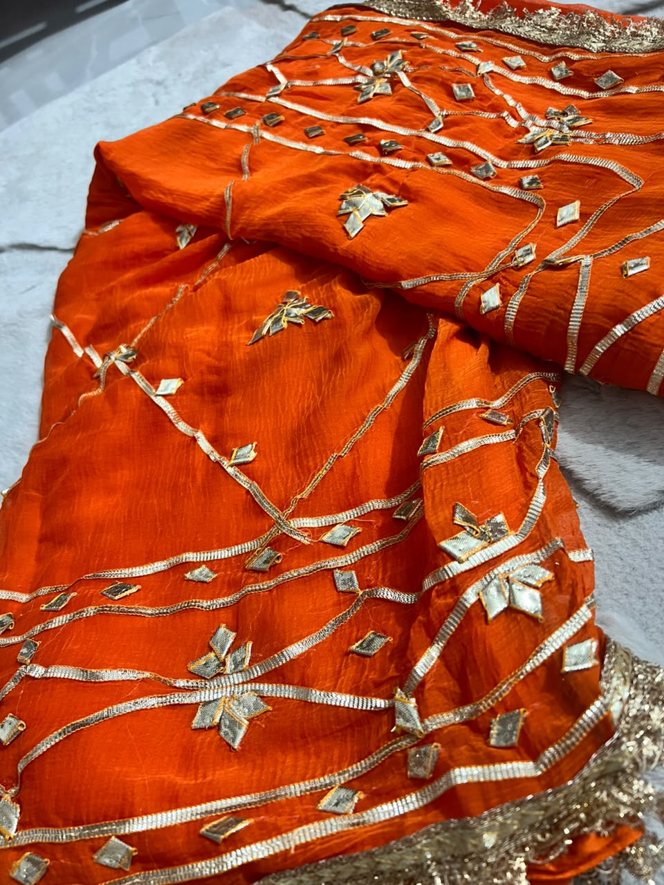 Beautiful Orange Color Soft Chiffon Gota Zaal Work Saree with Blouse Piece