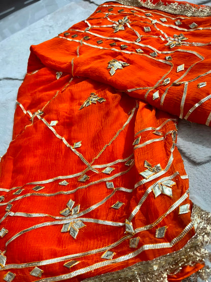 Beautiful Orange Color Soft Chiffon Gota Zaal Work Saree with Blouse Piece