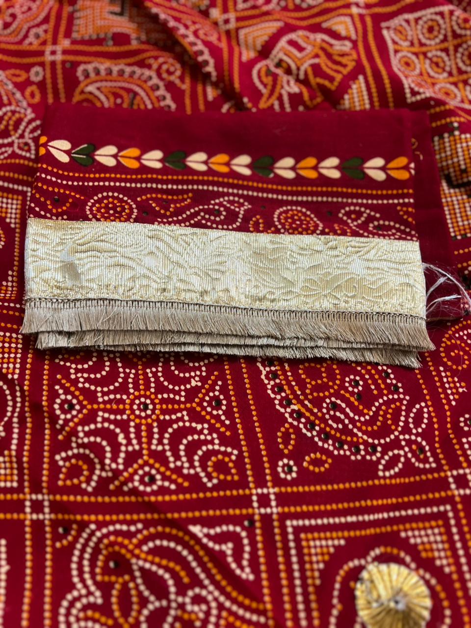 Gujrati Swastik Ghat Chola Saree with Gota Border And Blouse Piece