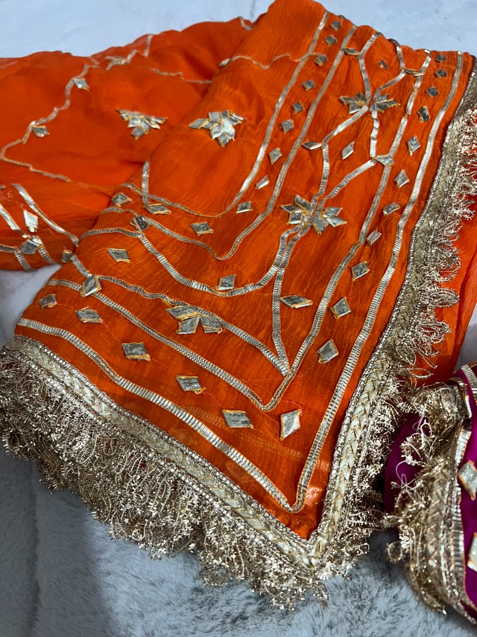 Beautiful Orange Color Soft Chiffon Gota Zaal Work Saree with Blouse Piece