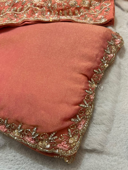 Beautiful Peach Color Fendy Tissue Saree with Stitched Blouse (Free Size Till 40)
