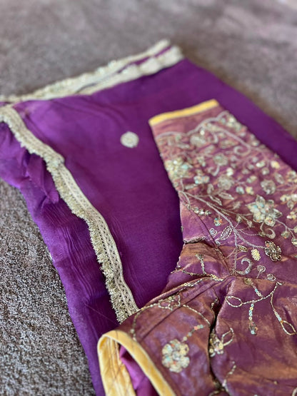 Beautiful Wine-Purple Color Chiffon Saree with Kanchli Blouse