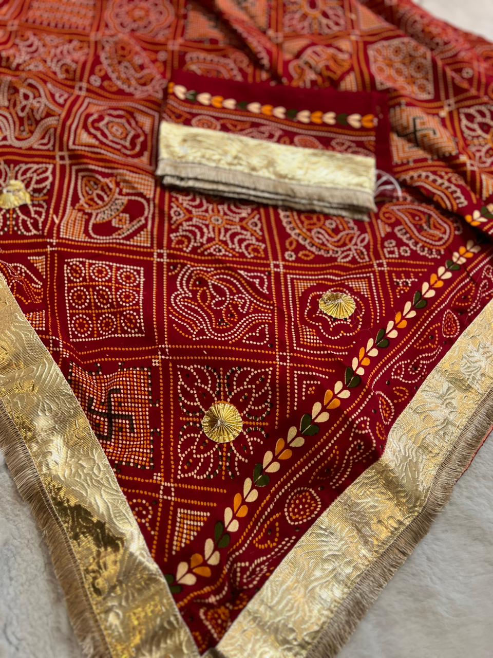 Gujrati Swastik Ghat Chola Saree with Gota Border And Blouse Piece
