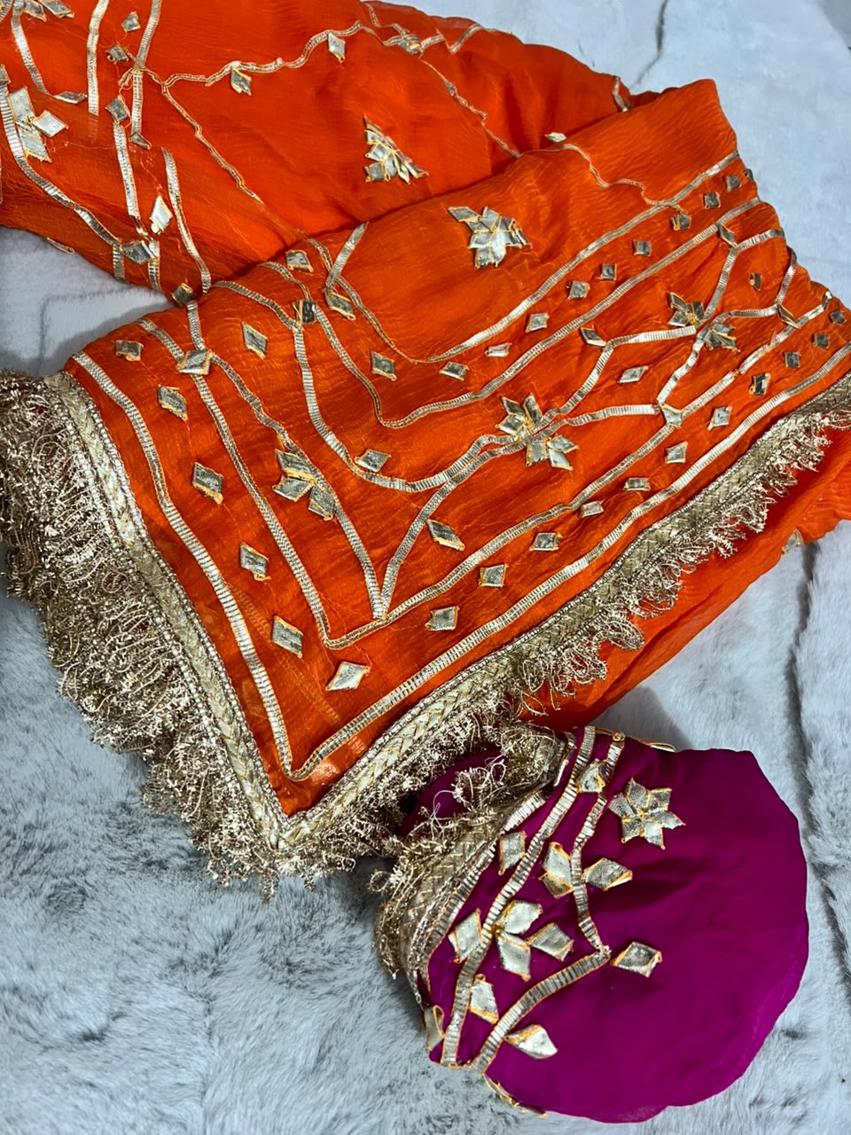 Beautiful Orange Color Soft Chiffon Gota Zaal Work Saree with Blouse Piece