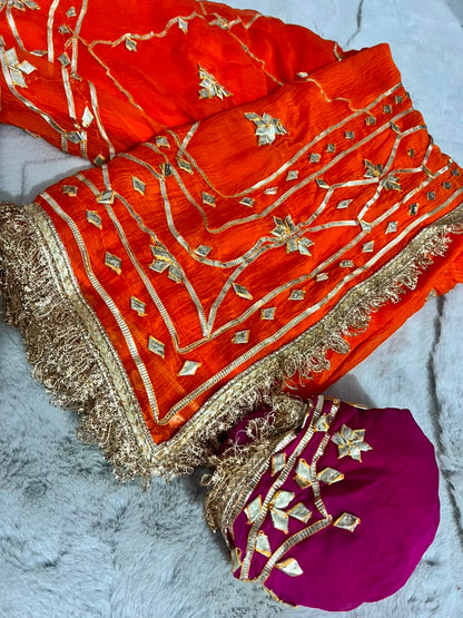 Beautiful Orange Color Soft Chiffon Gota Zaal Work Saree with Blouse Piece