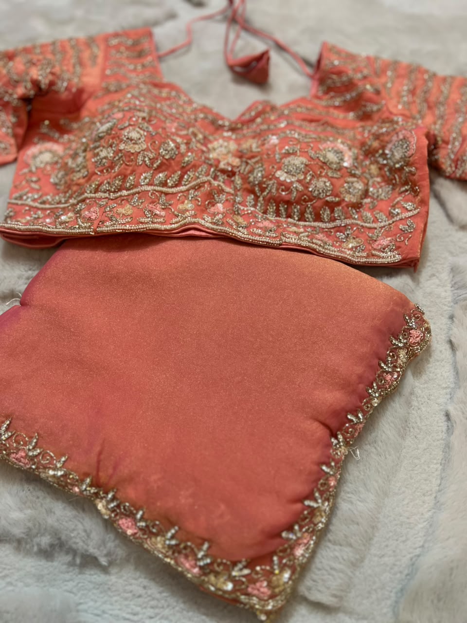 Beautiful Peach Color Fendy Tissue Saree with Stitched Blouse (Free Size Till 40)
