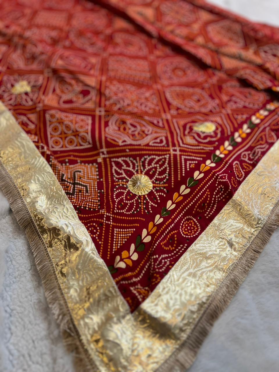 Gujrati Swastik Ghat Chola Saree with Gota Border And Blouse Piece