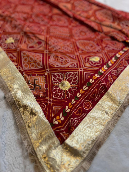 Gujrati Swastik Ghat Chola Saree with Gota Border And Blouse Piece