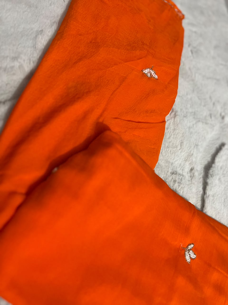 Soft Chiffon Pearl Work (Teen Patti Buti Design) Orange Saree with same Fabric Blouse Piece