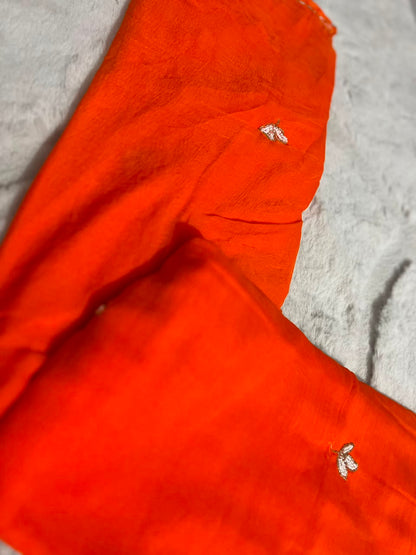 Soft Chiffon Pearl Work (Teen Patti Buti Design) Orange Saree with same Fabric Blouse Piece