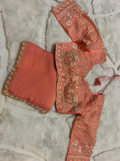 Beautiful Peach Color Fendy Tissue Saree with Stitched Blouse (Free Size Till 40)