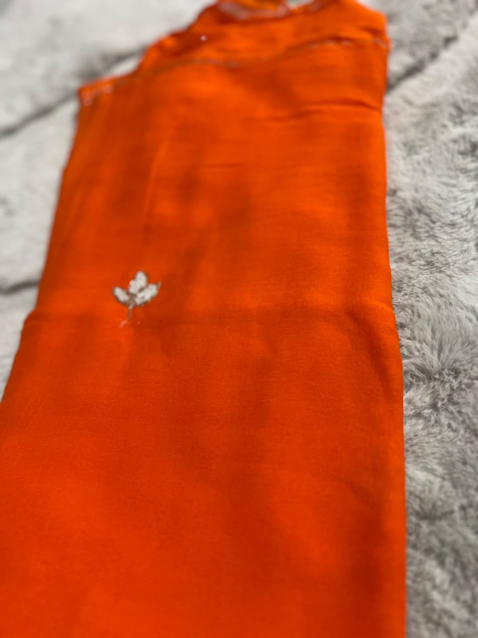 Soft Chiffon Pearl Work (Teen Patti Buti Design) Orange Saree with same Fabric Blouse Piece