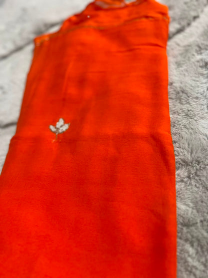 Soft Chiffon Pearl Work (Teen Patti Buti Design) Orange Saree with same Fabric Blouse Piece
