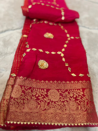 Pure HO silk pink and red shaded-sari with hand, Gota work all over the Sari and beautiful Banarasi border with same fabric blouse piece with same Hand Gota work