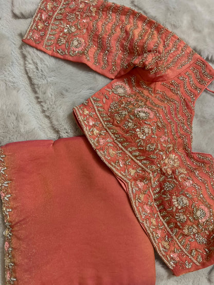 Beautiful Peach Color Fendy Tissue Saree with Stitched Blouse (Free Size Till 40)