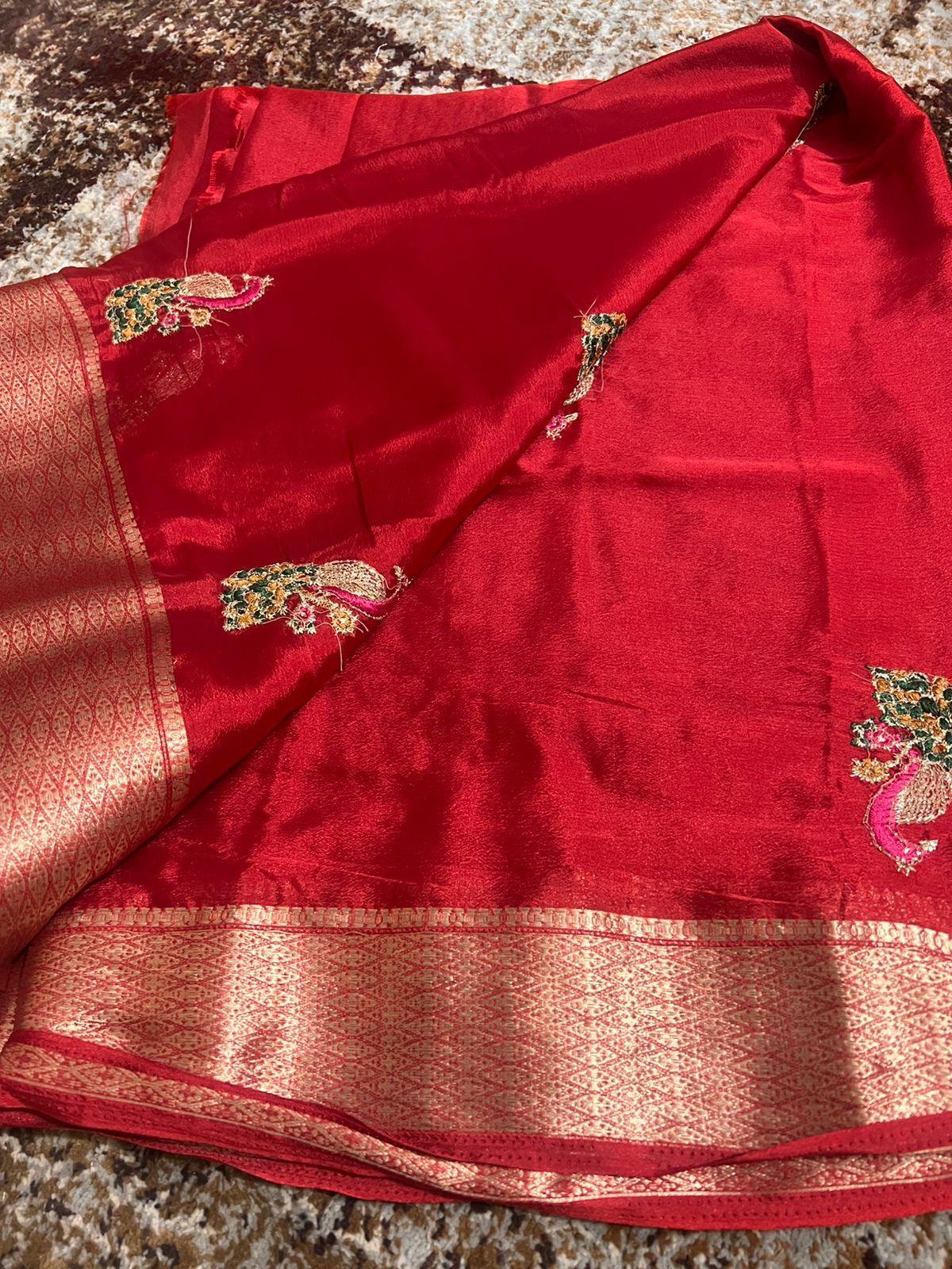 Peacock Design Crepe Red Saree with Heavy Border