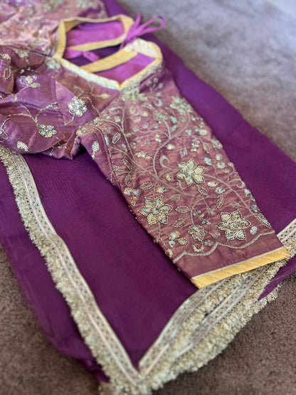 Beautiful Wine-Purple Color Chiffon Saree with Kanchli Blouse