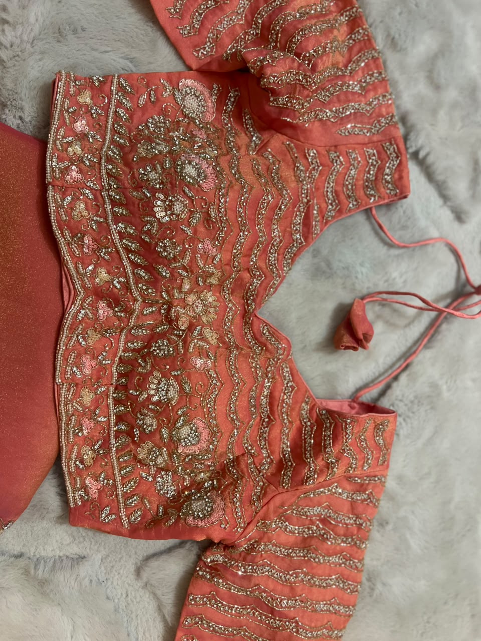 Beautiful Peach Color Fendy Tissue Saree with Stitched Blouse (Free Size Till 40)