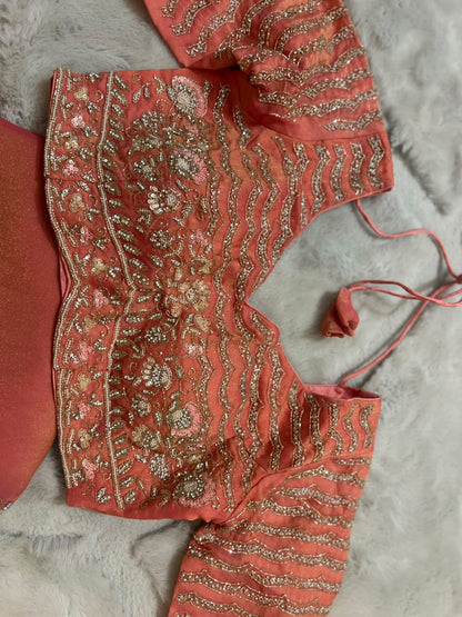 Beautiful Peach Color Fendy Tissue Saree with Stitched Blouse (Free Size Till 40)