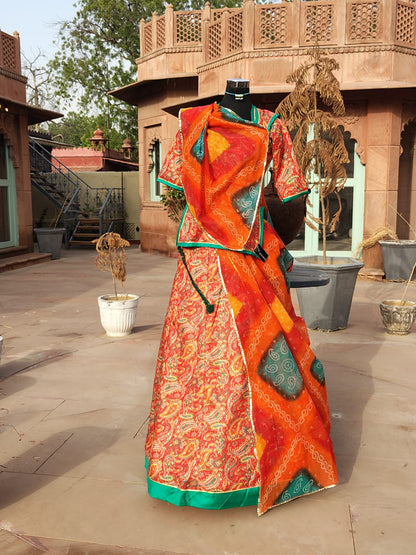 Beautiful Orange Cotton Poshak with Cotton Hand Bandhej Odhna