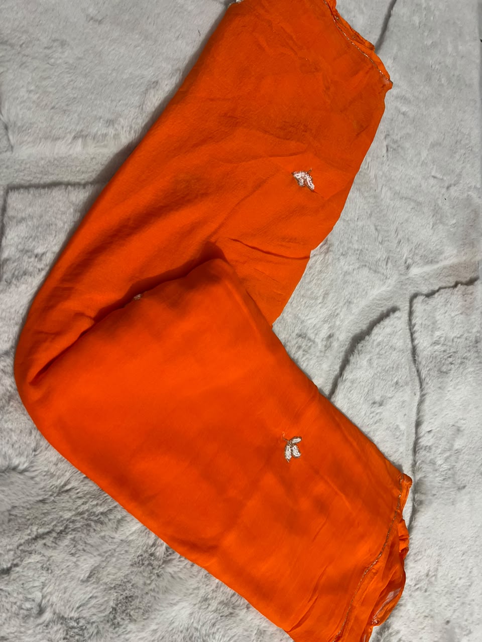 Soft Chiffon Pearl Work (Teen Patti Buti Design) Orange Saree with same Fabric Blouse Piece