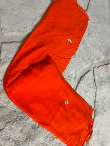 Soft Chiffon Pearl Work (Teen Patti Buti Design) Orange Saree with same Fabric Blouse Piece
