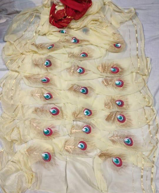 Morphankh Print Off White Saree with Red Blouse Piece