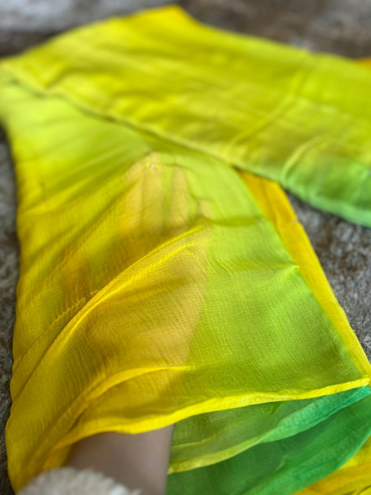Yellow Green Shaded Chiffon Mukesh Work Saree