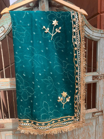 Sea Green Bandhini Gota Designer Saree with Running Blouse