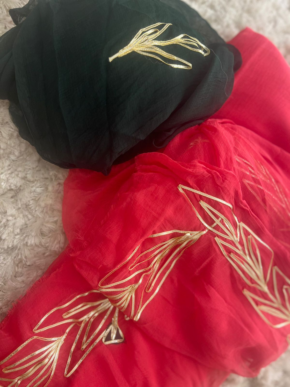 Red Gota Work Chiffon Saree with Bottle Green Blouse Piece