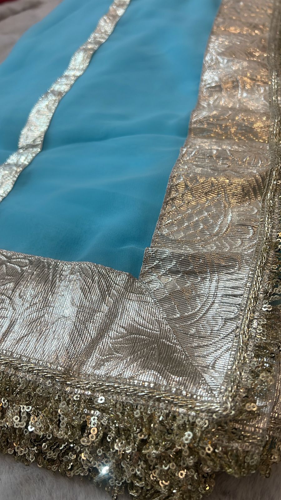 Blue Colour Celebrity Inspired Gota Chiffon Saree with Same Fabric Blouse in Running