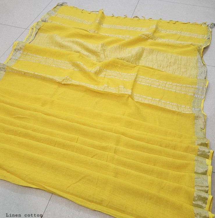 Beautiful Yellow Color Linen Cotton Saree