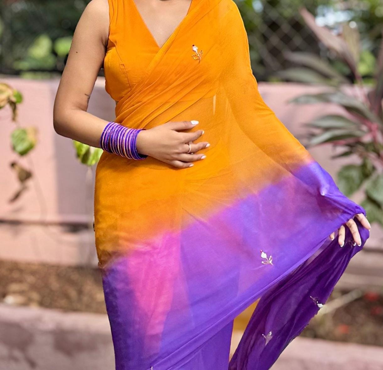 Orange Purple Shaded Pure Diamond Chiffon Saree with Flower Boota and Same Fabric Blouse Piece