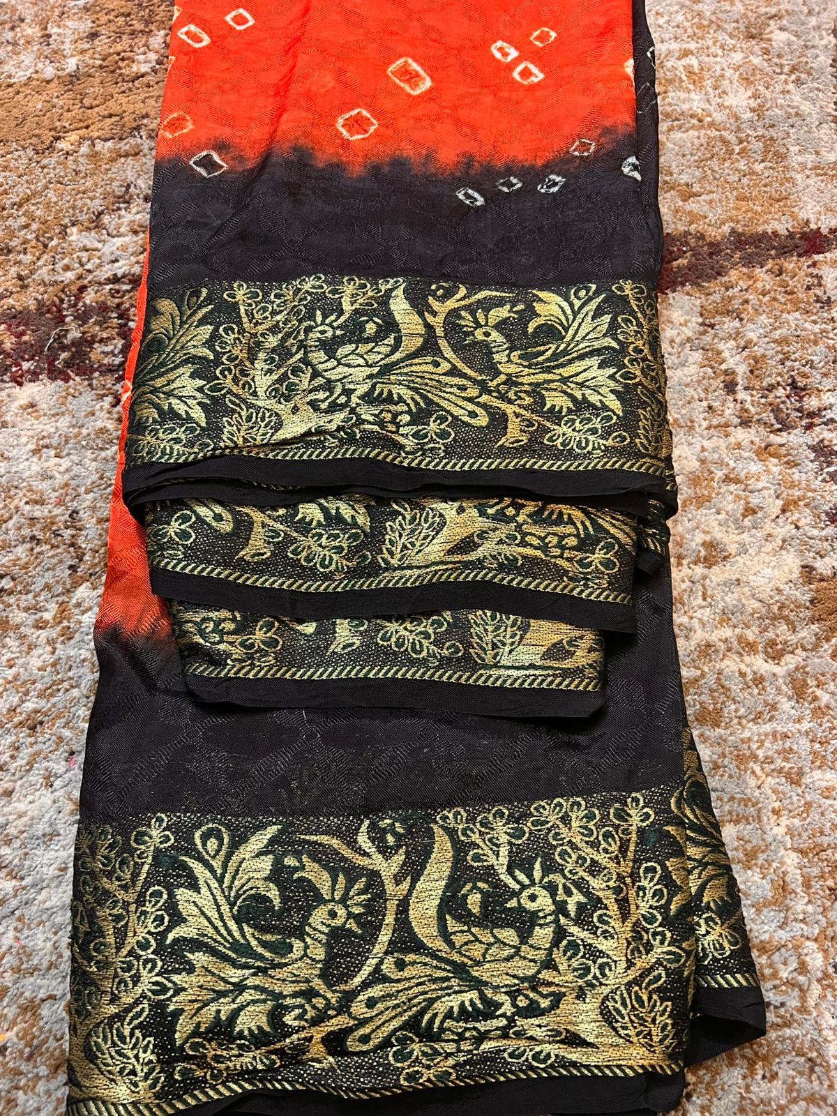 Soft Cotton Bandhini Saree Orange and Black with Barat Zari Border and Running Blouse