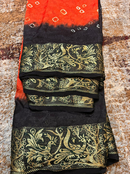 Soft Cotton Bandhini Saree Orange and Black with Barat Zari Border and Running Blouse
