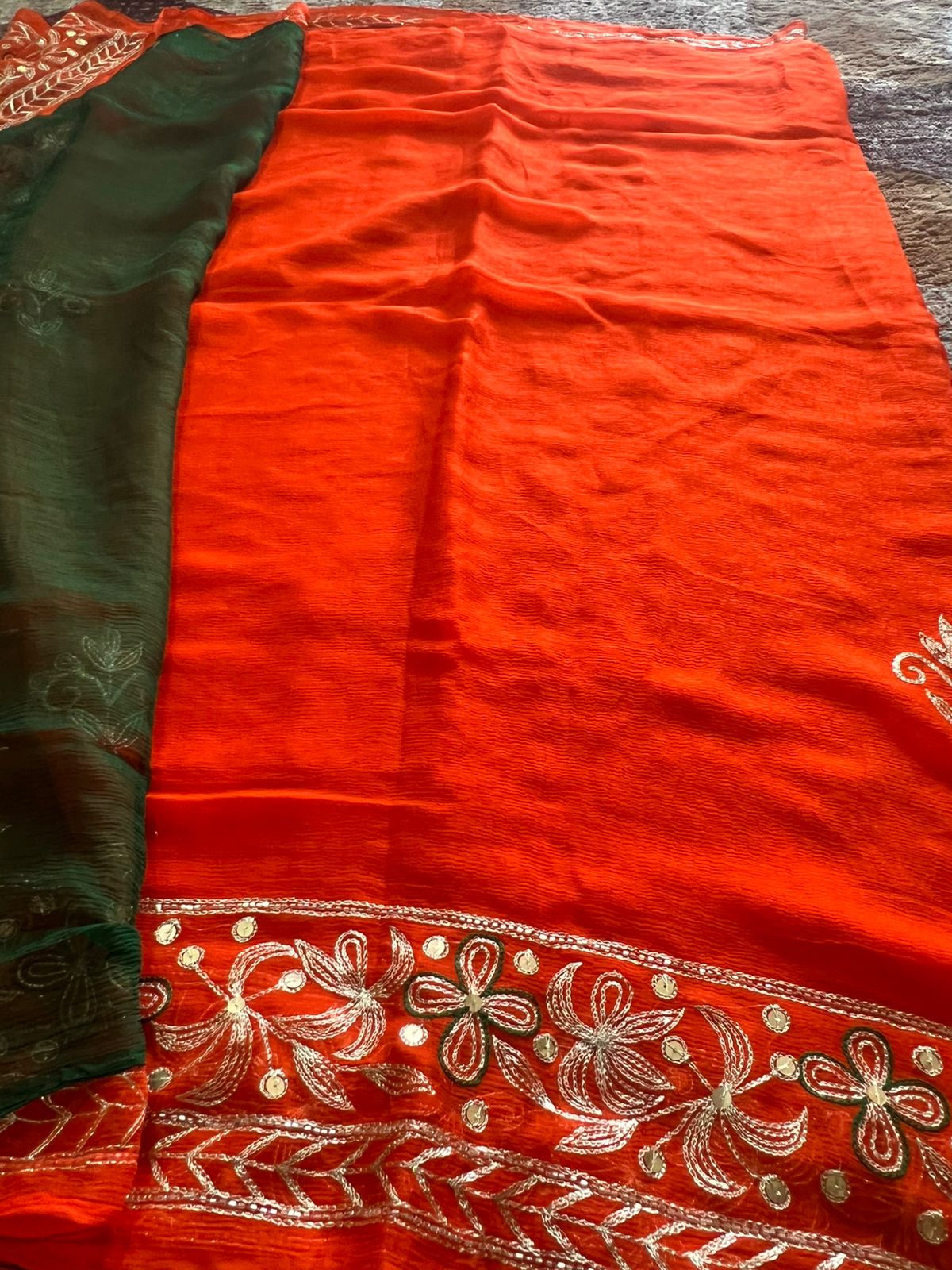 Pure Chiffon Heavy Peta work Rajpooti sari with Pure Chiffon Green Peta work Blouse