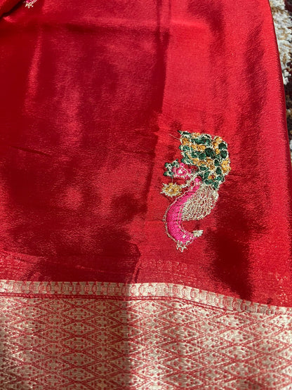 Peacock Design Crepe Red Saree with Heavy Border