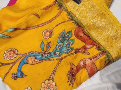 Beautiful Musturd Yellow Color Peacock Design Saree with Blouse Piece