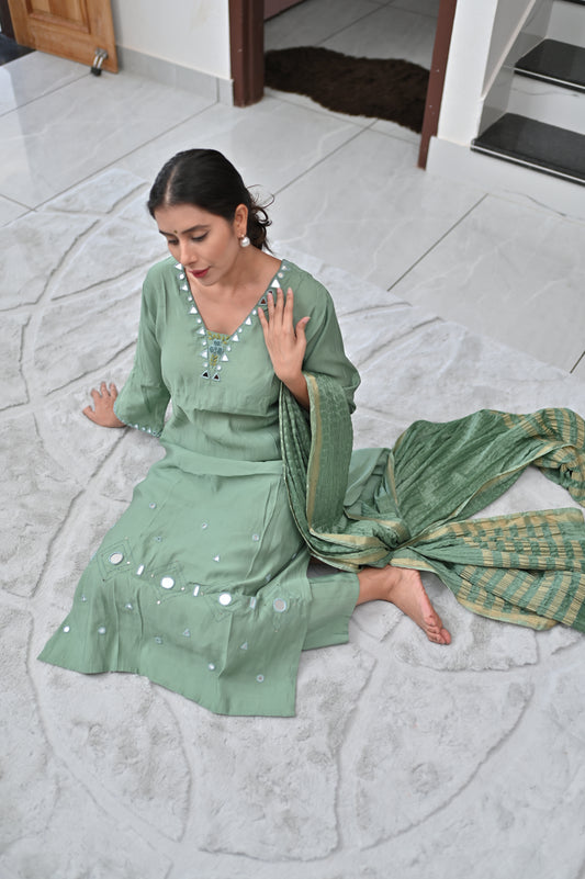 Sea Green Mirror Work Suit