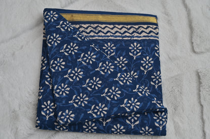 Pure Cotton Indigo Print Saree with Golden Border