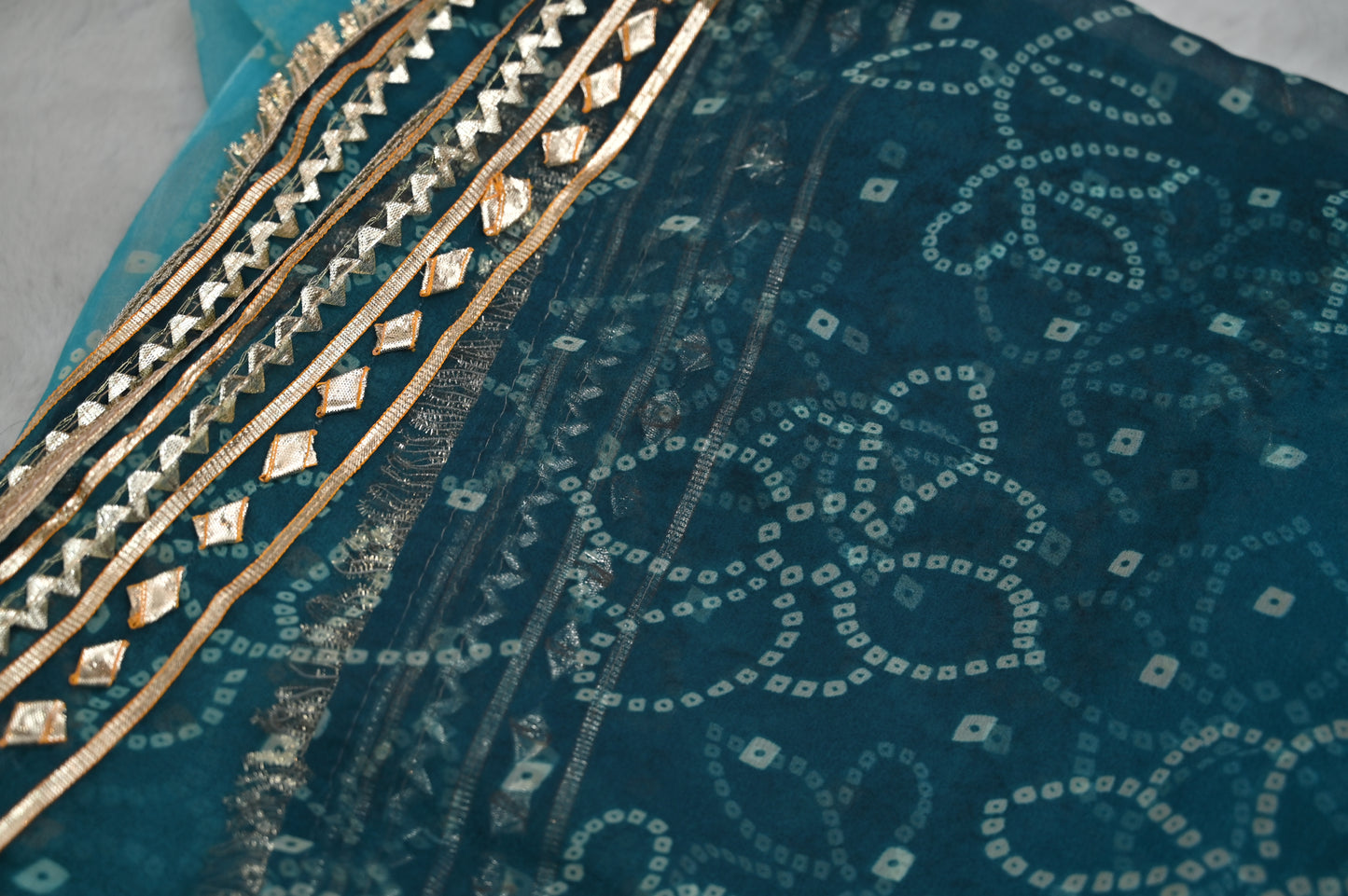 Peacock Blue Bandhani Saree with Gota Border