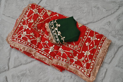 Beautiful Red Soft Chiffon Gota Zaal Work Saree