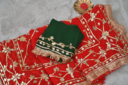Beautiful Red Soft Chiffon Gota Zaal Work Saree