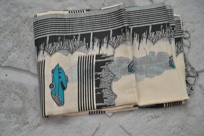 Soft Cotton Bengal Handloom Saree with Blue Taxi Print