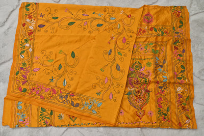Yellow Silk Kaatha Work Saree