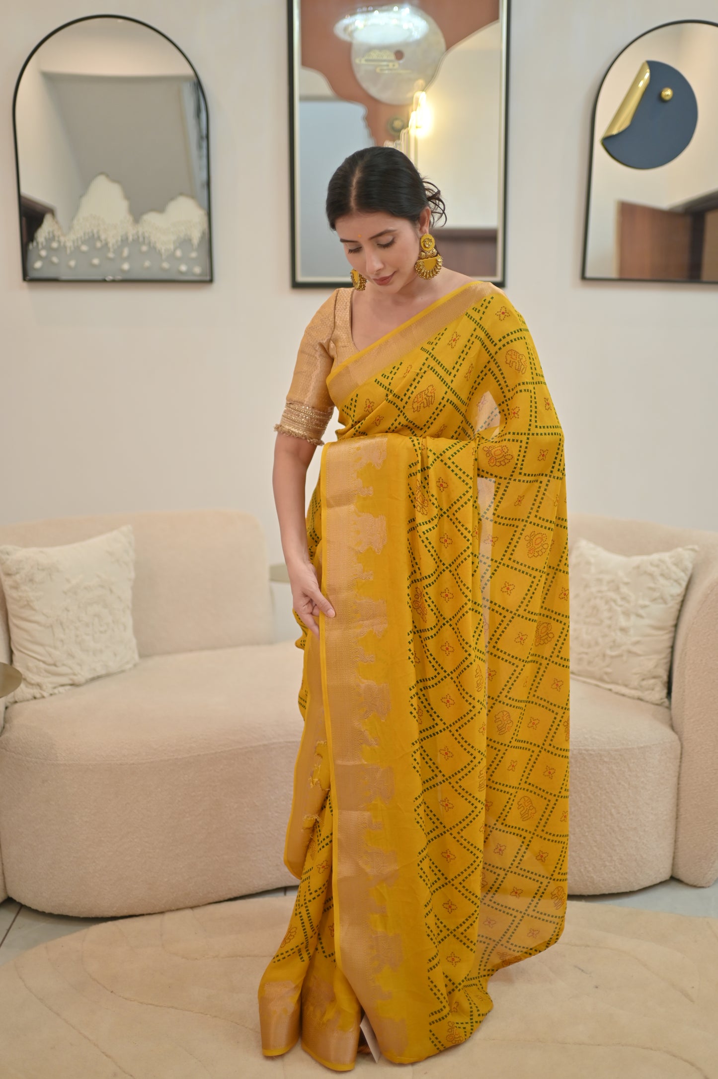 Beautiful Yellow Color Bandhini Mosmelo Saree with Designer Border